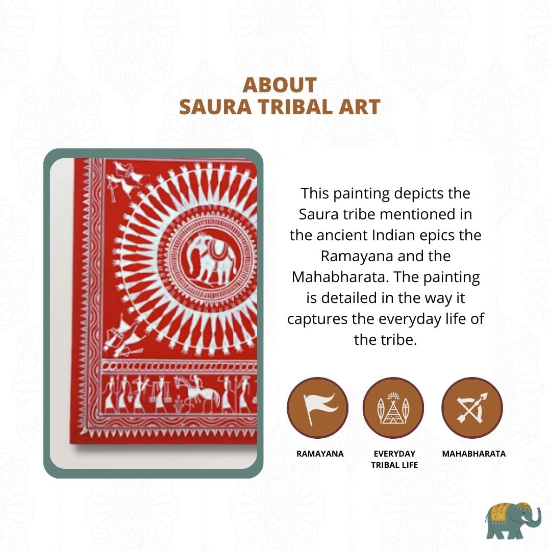 Bhumee Creations Hand Printed Brown Saura Tribal Painting On Tussar Silk | Framed Artwork | Size 22 Inches X 10 Inches